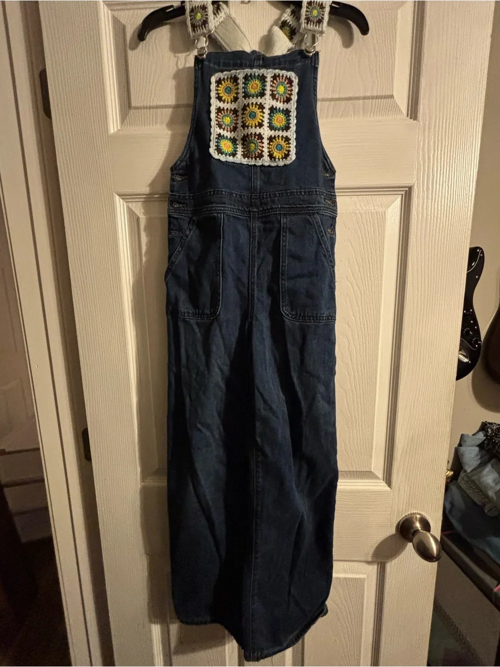 Denim Overalls with Crocheted Sunflower Patch - Blue